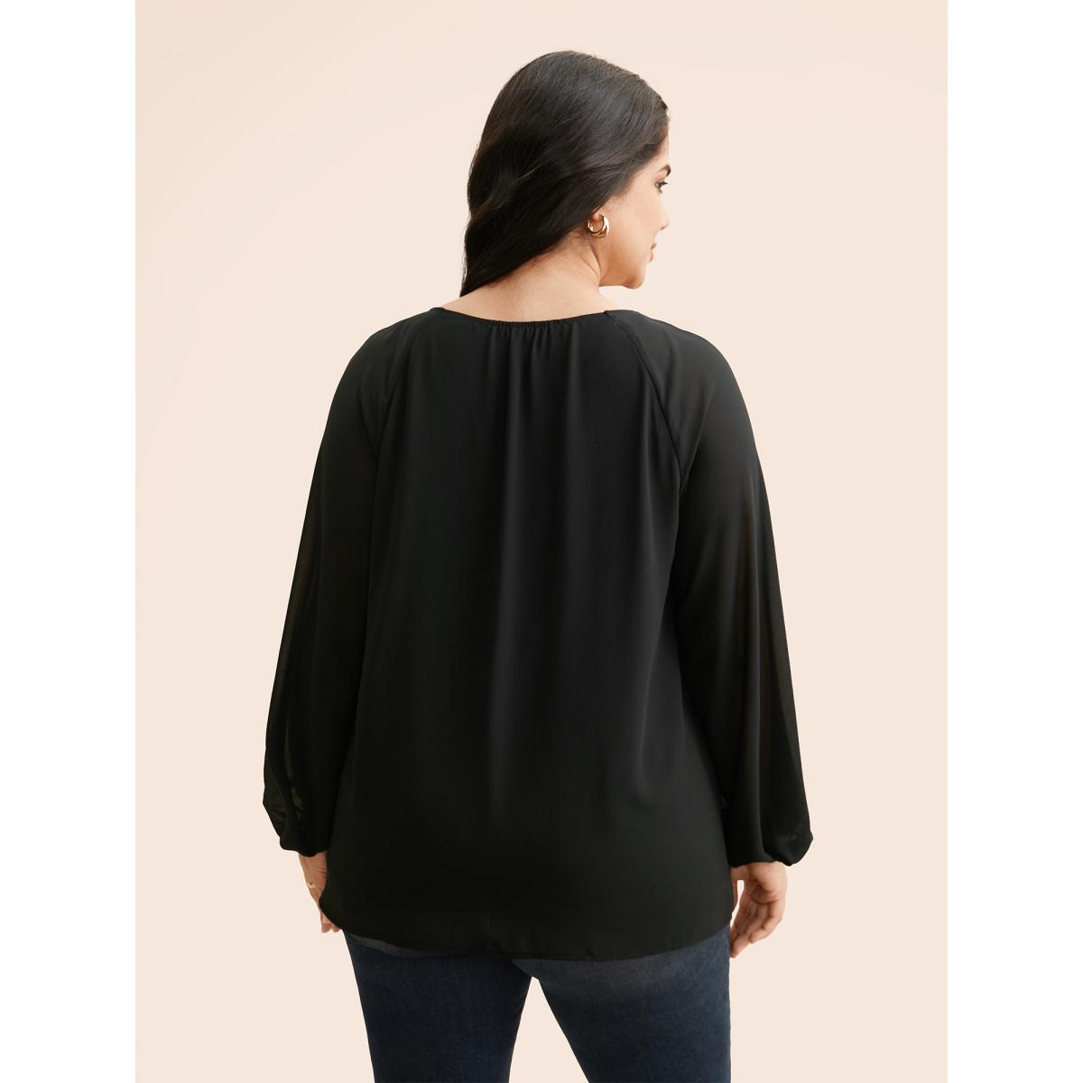 Plus Size Black Keyhole Metal Detail Gathered Blouse Women Elegant Long Sleeve Asymmetrical Neck Everyday Blouses BloomChic 18-20/2X Product Image