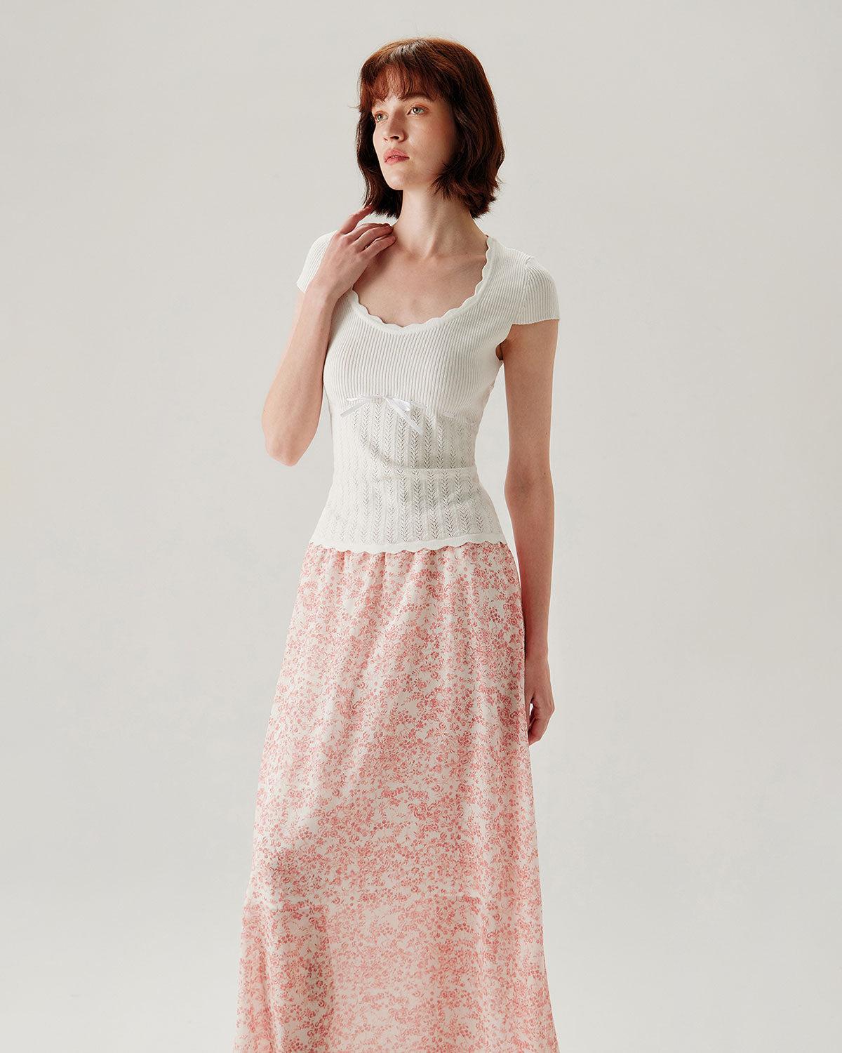 Pink Floral Elastic Waist Flared Skirt Product Image