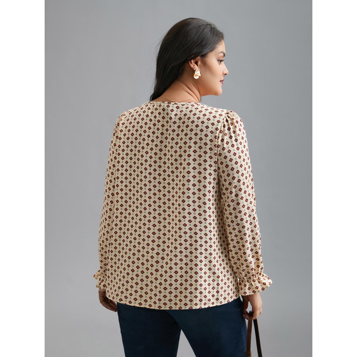 Plus Size Apricot Round Neck Geometric Print Pleated Blouse Women At the Office Long Sleeve Round Neck Office Blouses BloomChic 12/L Product Image