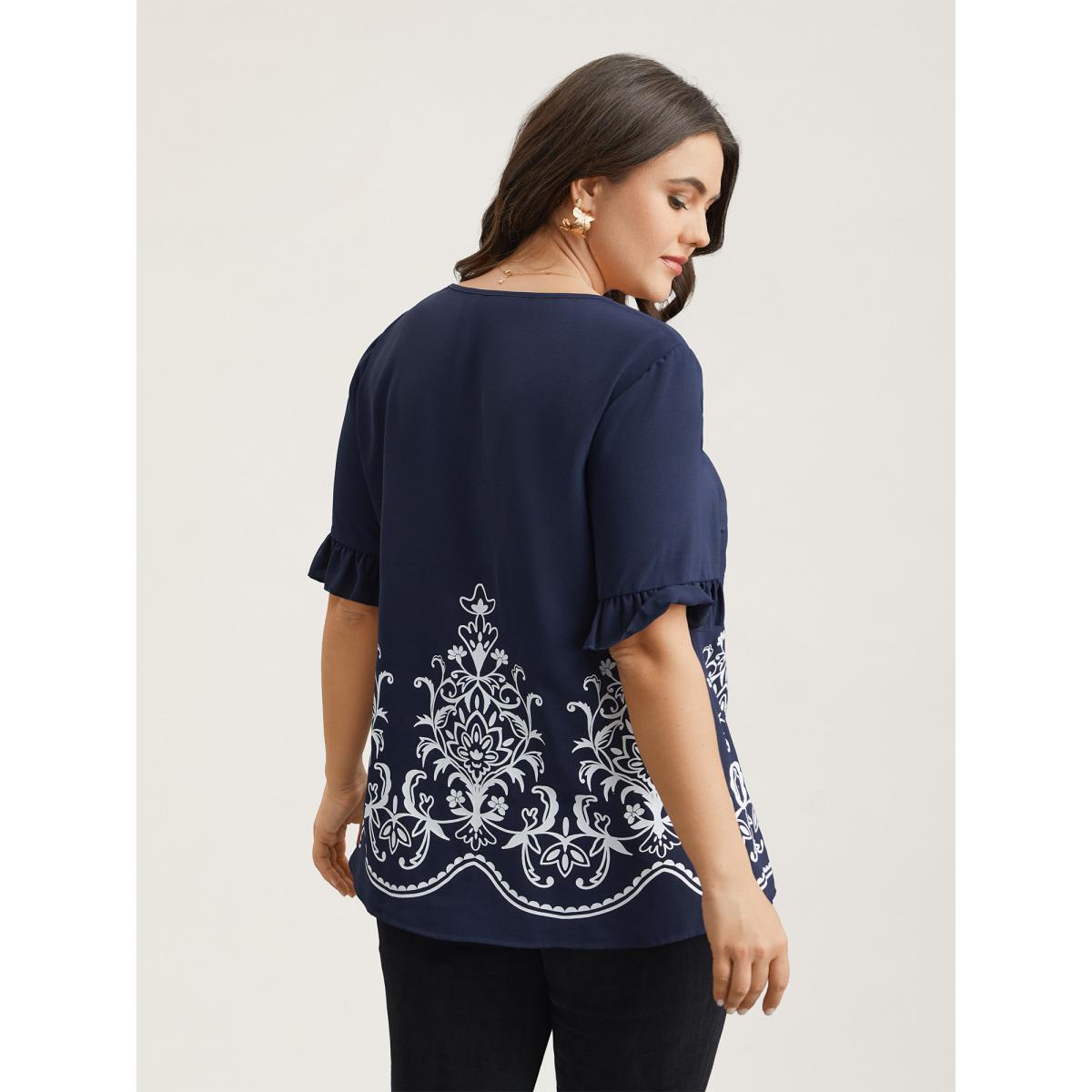 Plus Size Indigo Floral Print Round Neck Ruffled Sleeve Shirt Women Elegant Short sleeve Round Neck Everyday Blouses BloomChic 30/6X Product Image