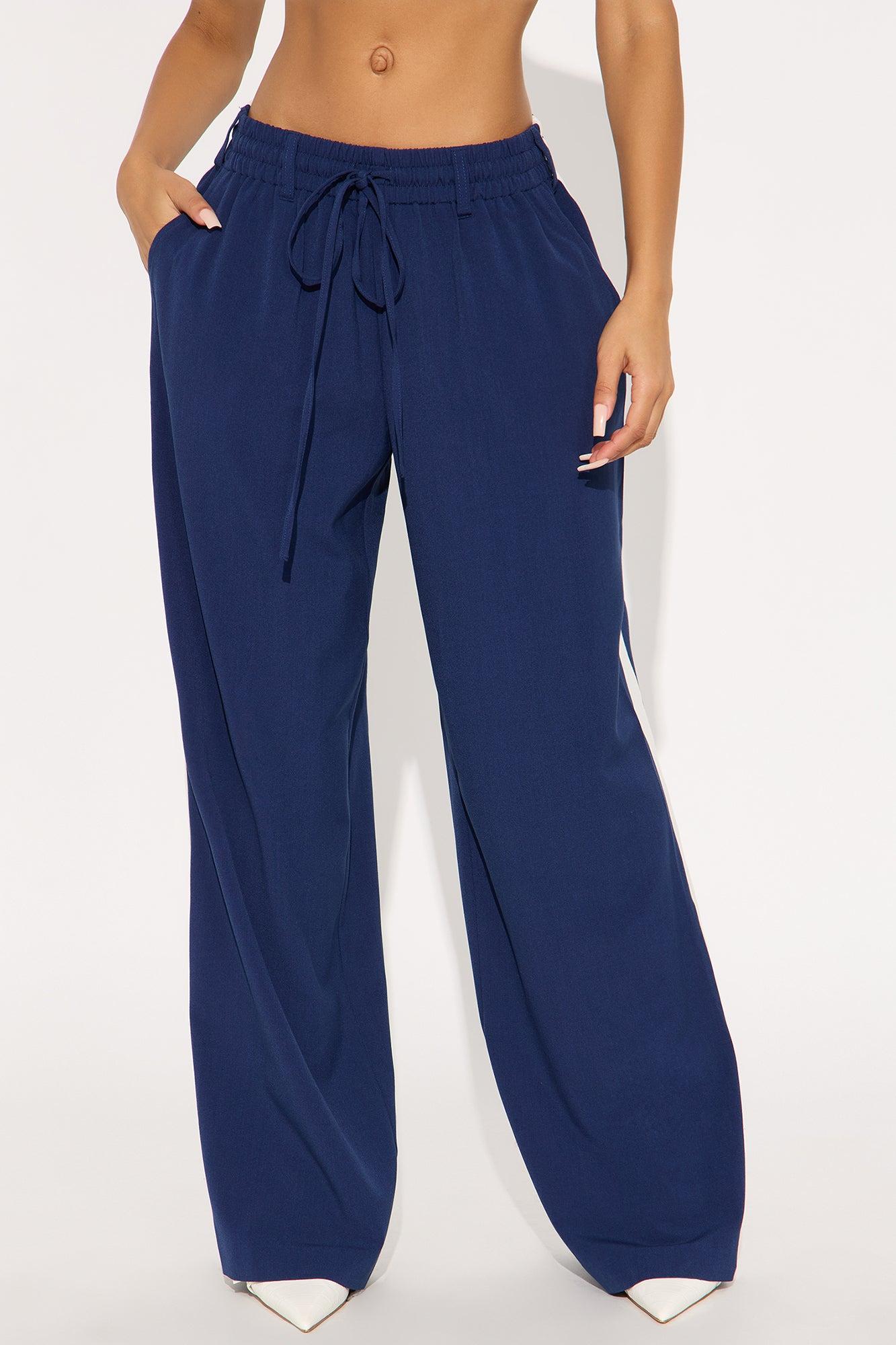 On Track Wide Leg Woven Side Stripe Pants - Navy Product Image