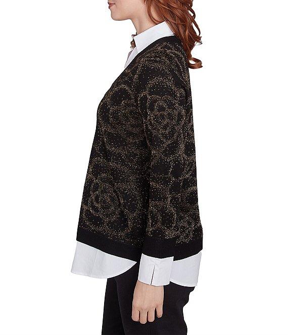 Ruby Rd. Mixed Media Metallic Floral Jacquard Collared Long Sleeve Pullover Layered Sweater Product Image