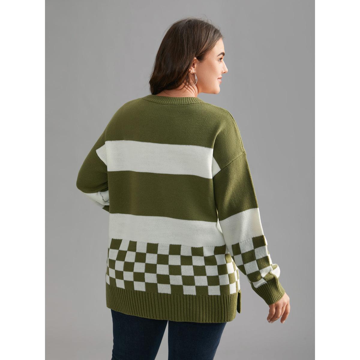 Plus Size Colorblock Contrast Round Neck Split Hem Pullover Moss Women Casual Loose Long Sleeve Round Neck Everyday Pullovers BloomChic 14-16/1X Product Image