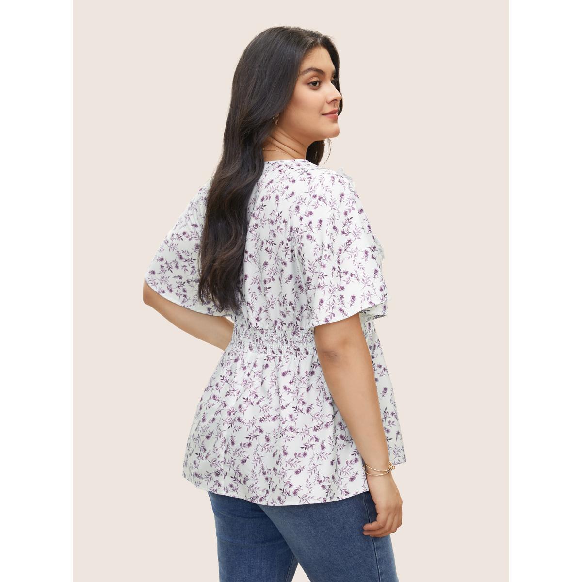 Plus Size Purple Floral Pleated Elastic Waist Ruffle Sleeve Blouse Women Timeless Half Sleeve V-neck Elegant Blouses BloomChic 14-16/1X Product Image