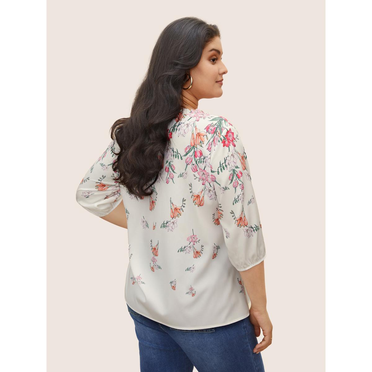 Plus Size White Boho Print Tie Neck Frill Trim Blouse Women Elegant Elbow-length sleeve Notched collar Everyday Blouses BloomChic 26/4X Product Image