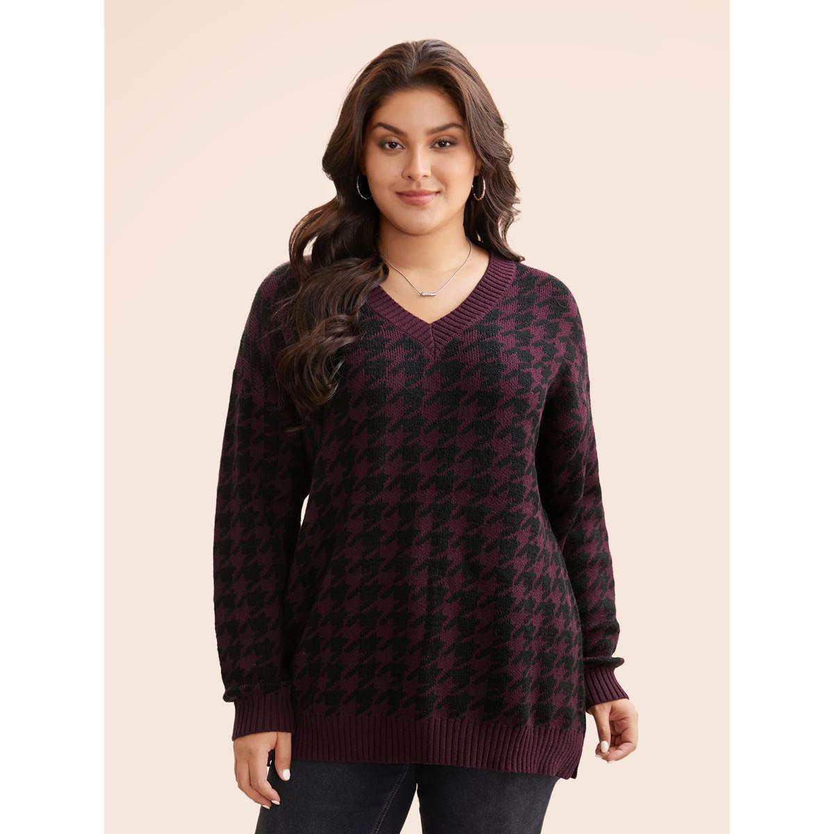 Plus Size V Neck Houndstooth Drop Shoulder Pullover Plum Women Casual Loose Long Sleeve V-neck Everyday Pullovers BloomChic 26/4X Product Image