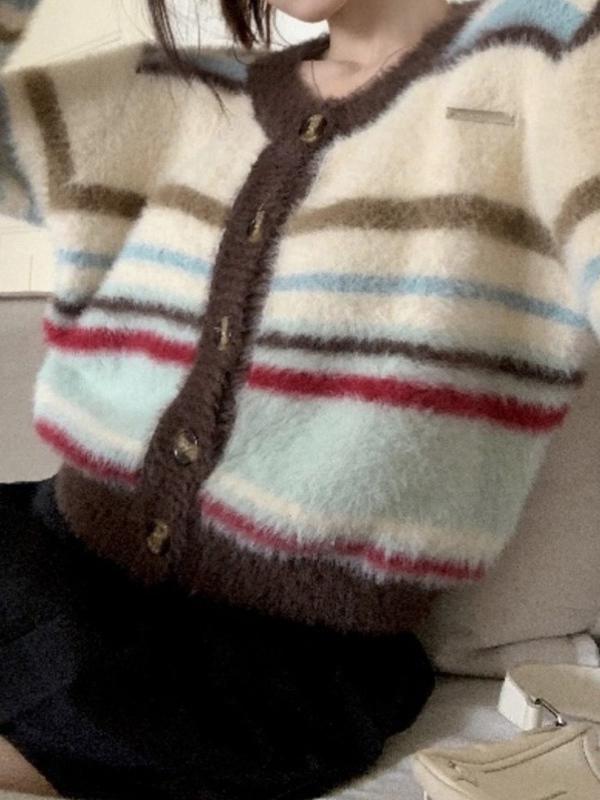 Colorful Striped Fuzzy Short Cardigan Product Image