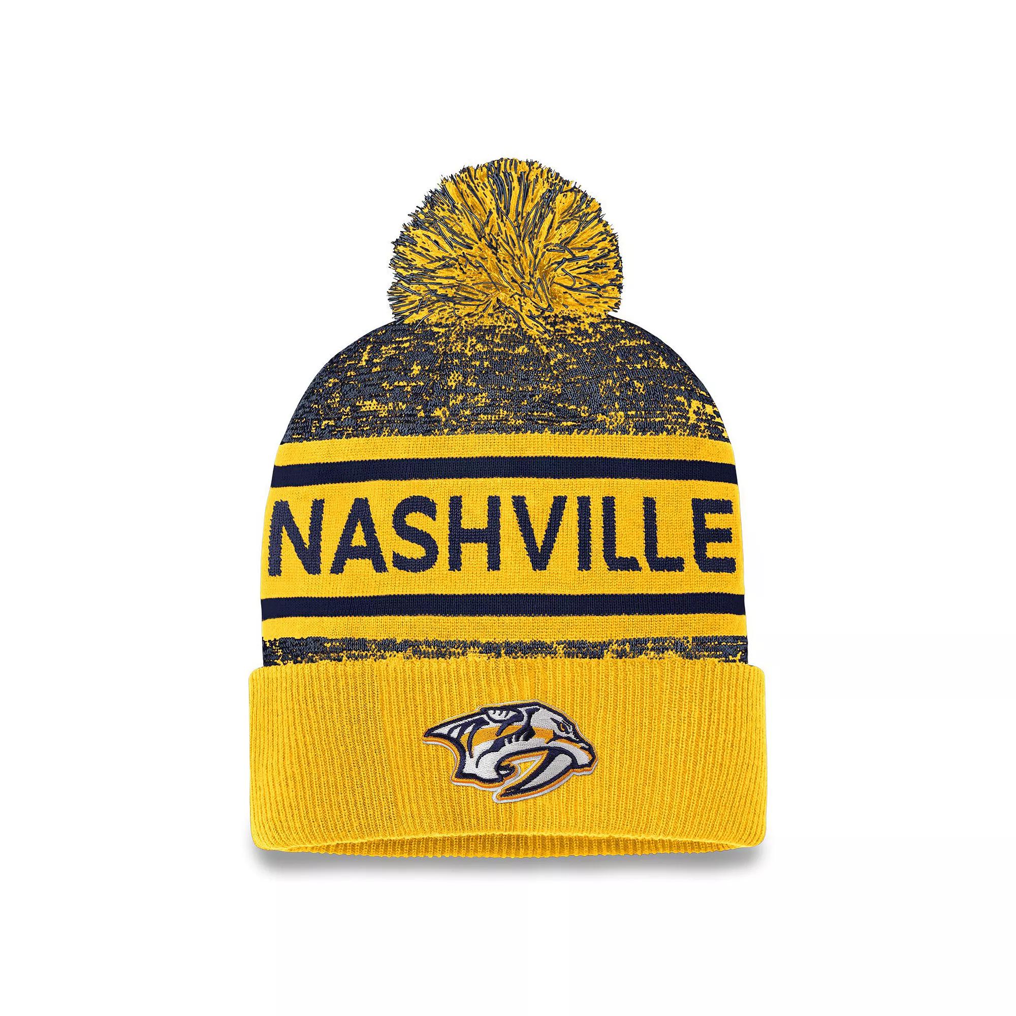 Men's Fanatics Branded Gold/Navy Nashville Predators Authentic Pro Cuffed Knit Hat with Pom, Pdt Gold Product Image