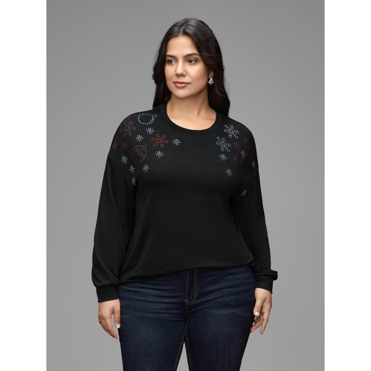 Plus Size Rhinestone Embellished Shoulder Round Neck Tee Black Women Casual Rhinestone detailing Round Neck Everyday T-shirts BloomChic 14-16/1X Product Image