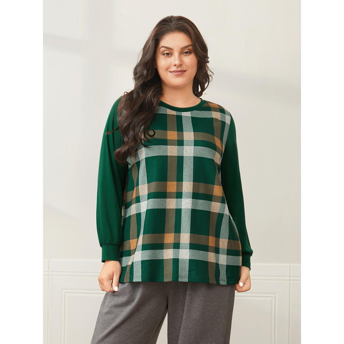 Plus Size Plaid Patchwork Solid Long-Sleeves Tee DarkGreen Women Casual Contrast Round Neck Everyday T-shirts BloomChic 10/M Product Image