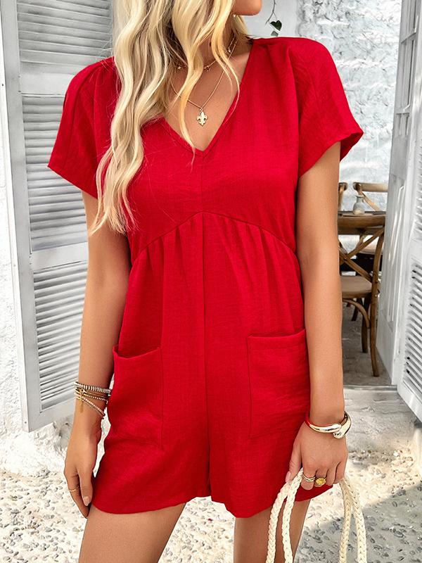 High Waisted Loose Backless Pockets Solid Color V-Neck Rompers Product Image