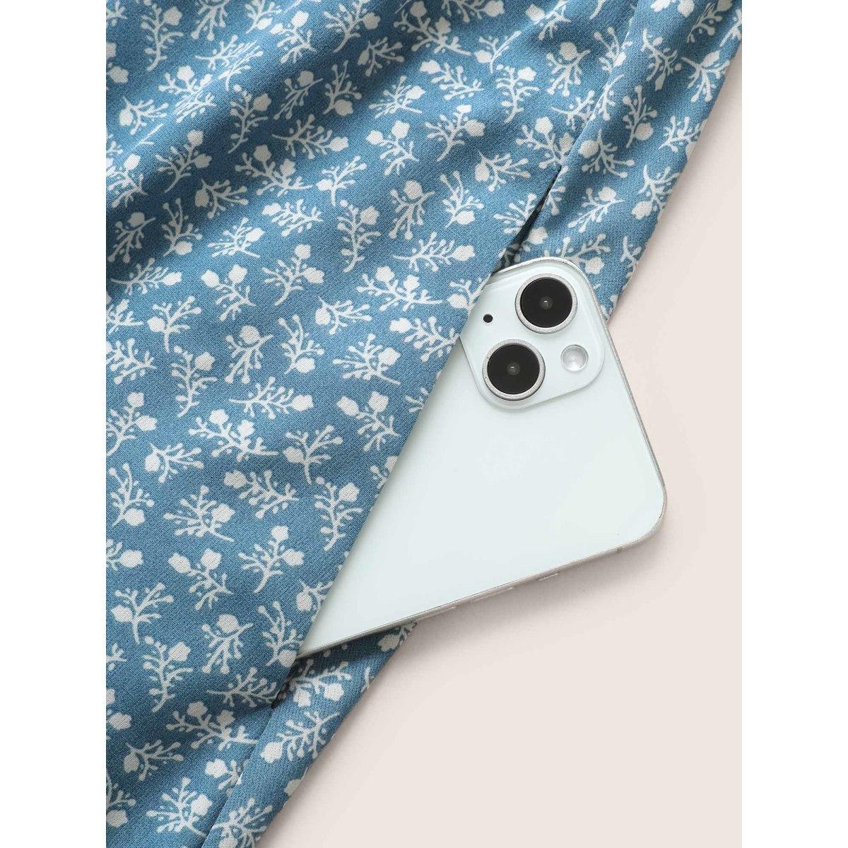 Plus Size Ditsy Floral Tie Neck Frill Trim Belted Dress Cerulean Women Elegant Non V-neck Short sleeve Curvy Midi Dress BloomChic 22-24/3X Product Image