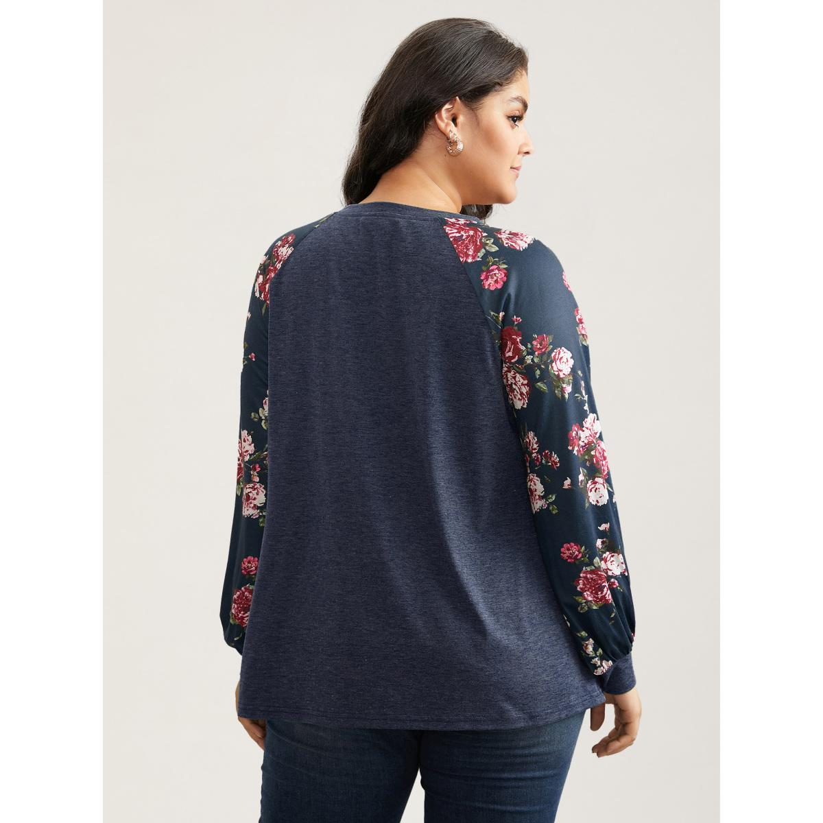 Plus Size Floral Patchwork Crew Neck Raglan Sleeve T-shirt Indigo Women Elegant Printed Floral Round Neck Dailywear T-shirts BloomChic 26/4X Product Image