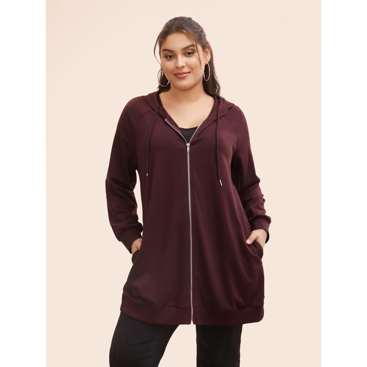 Plus Size Plain Zipper Hooded Drawstring Pocket Sweatshirt Women Burgundy Casual Plain Hooded Dailywear Sweatshirts BloomChic 22-24/3X Product Image