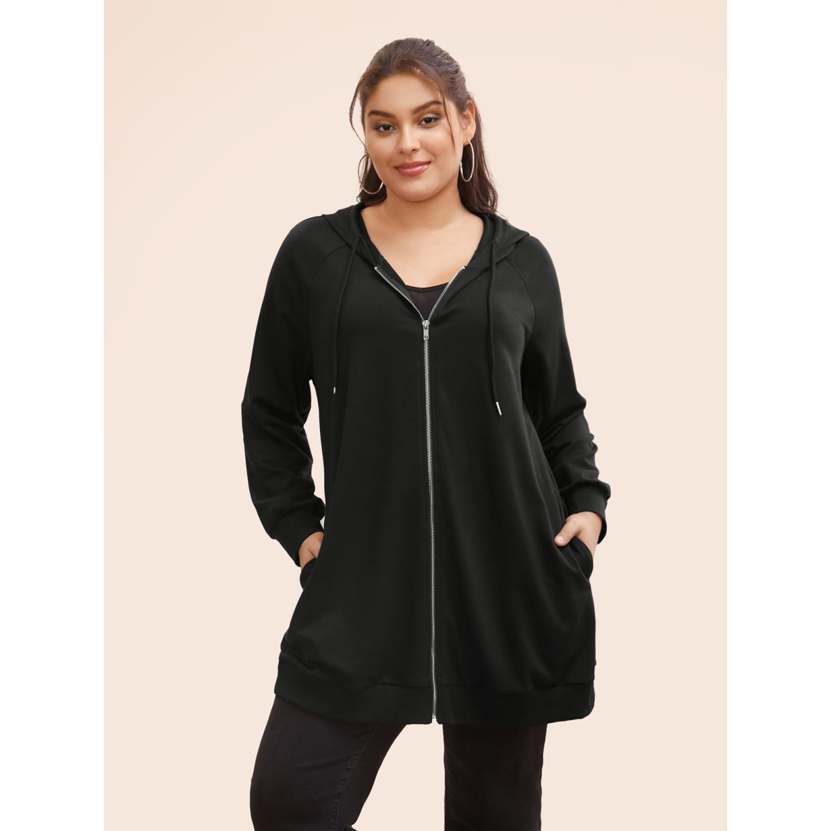 Plus Size Plain Zipper Hooded Drawstring Pocket Sweatshirt Women Black Casual Plain Hooded Dailywear Sweatshirts BloomChic 30/6X Product Image
