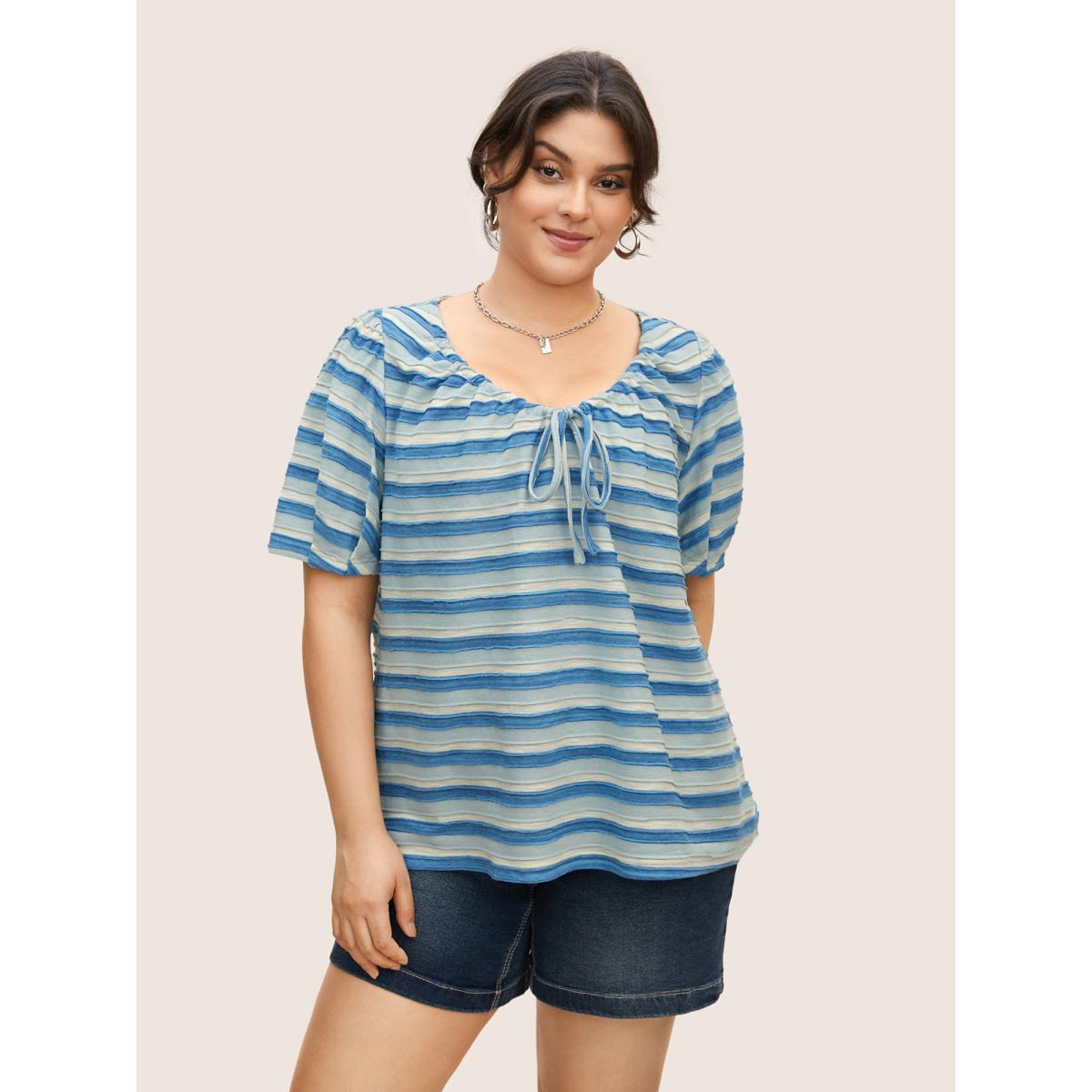 Plus Size V Neck Textured Striped Tie Knot T-shirt Skyblue Women Casual Texture V-neck Everyday T-shirts BloomChic 28/5X Product Image