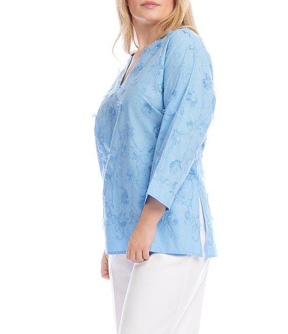 Karen Kane Plus Size Embroidered Split V-Neck 3/4 Sleeve Tunic Product Image
