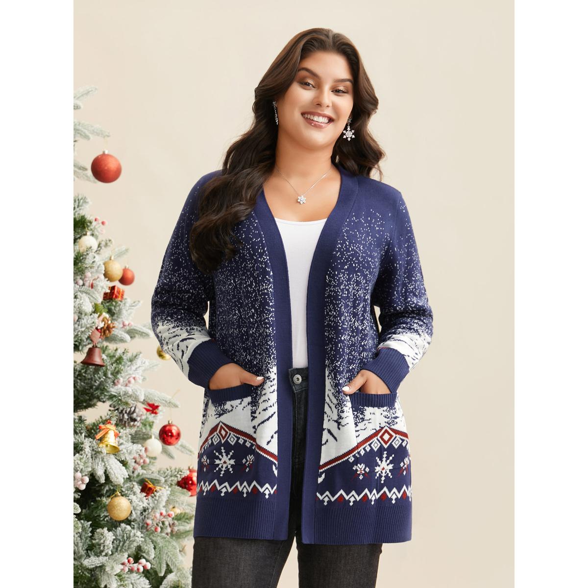 Plus Size Snowy Trees Print V-neck Open Cardigan Indigo Women Casual Loose Long Sleeve Everyday Cardigans BloomChic 12/L Product Image