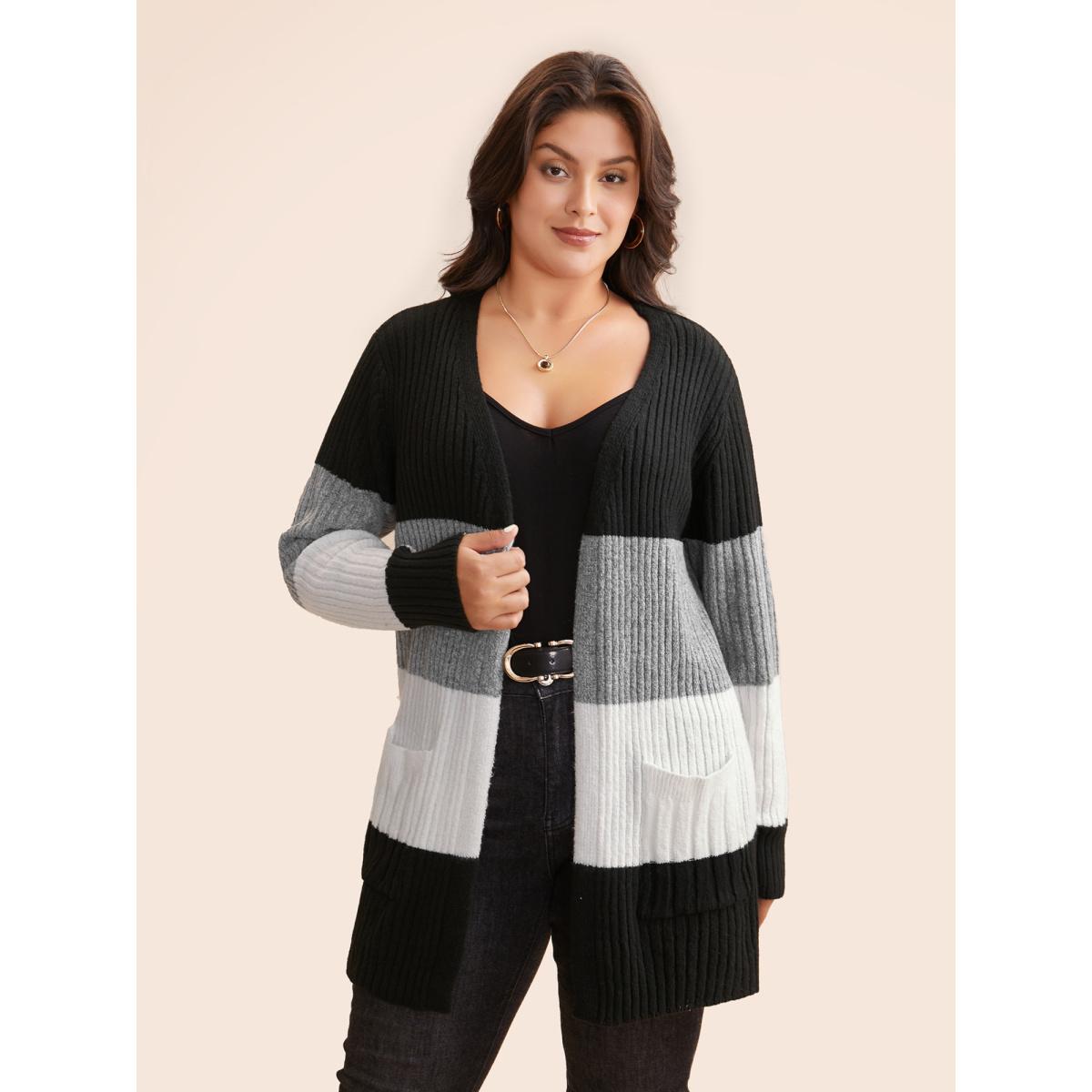 Plus Size Colorblock Contrast Patched Pocket Cardigan Black Women Casual Loose Long Sleeve Everyday Cardigans BloomChic 12/L Product Image