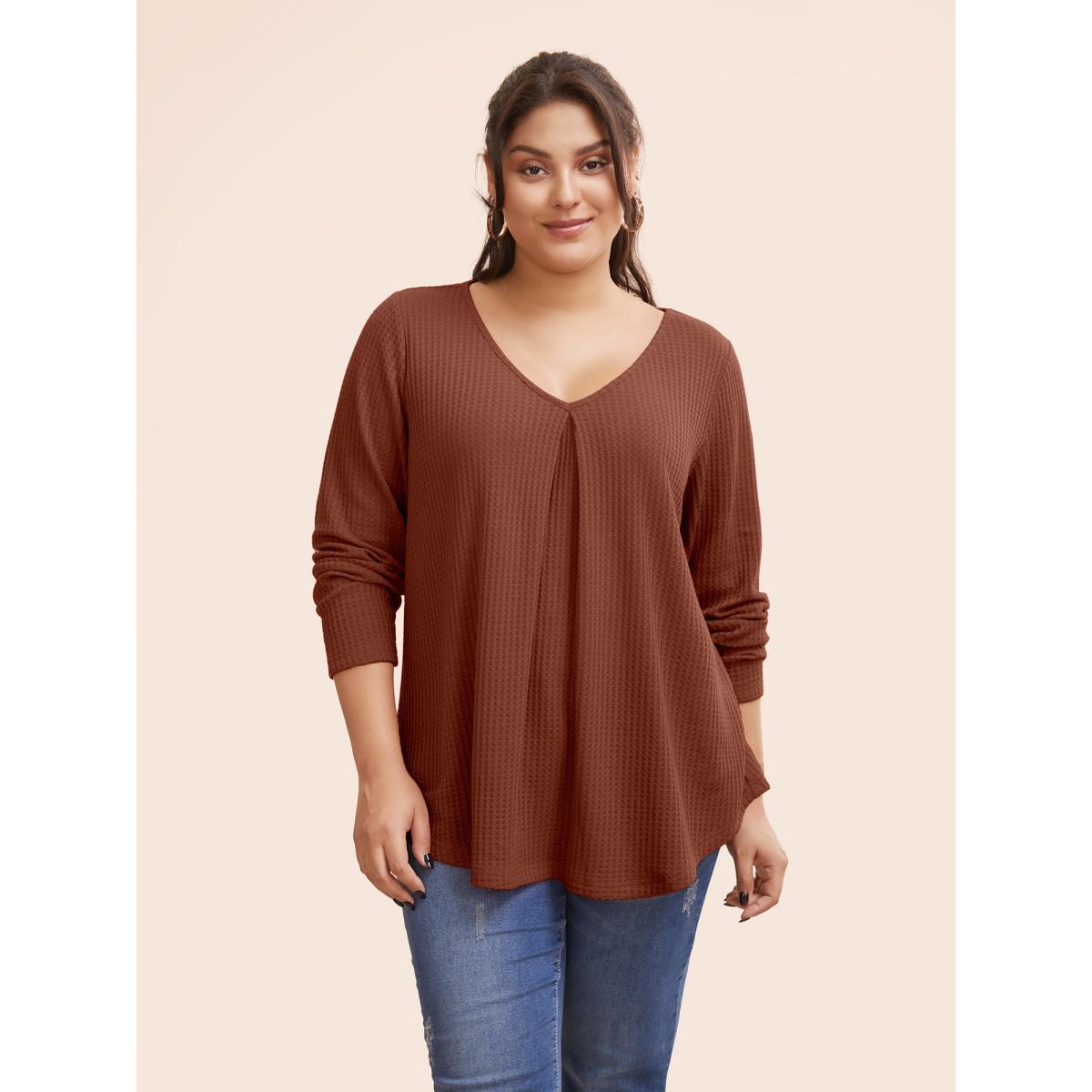 Plus Size Plain Waffle Knit Scoop Neck Plicated Detail T-shirt DarkGreen Women Leisure Non Plain V-neck Casual T-shirts BloomChic 18-20/2X Product Image