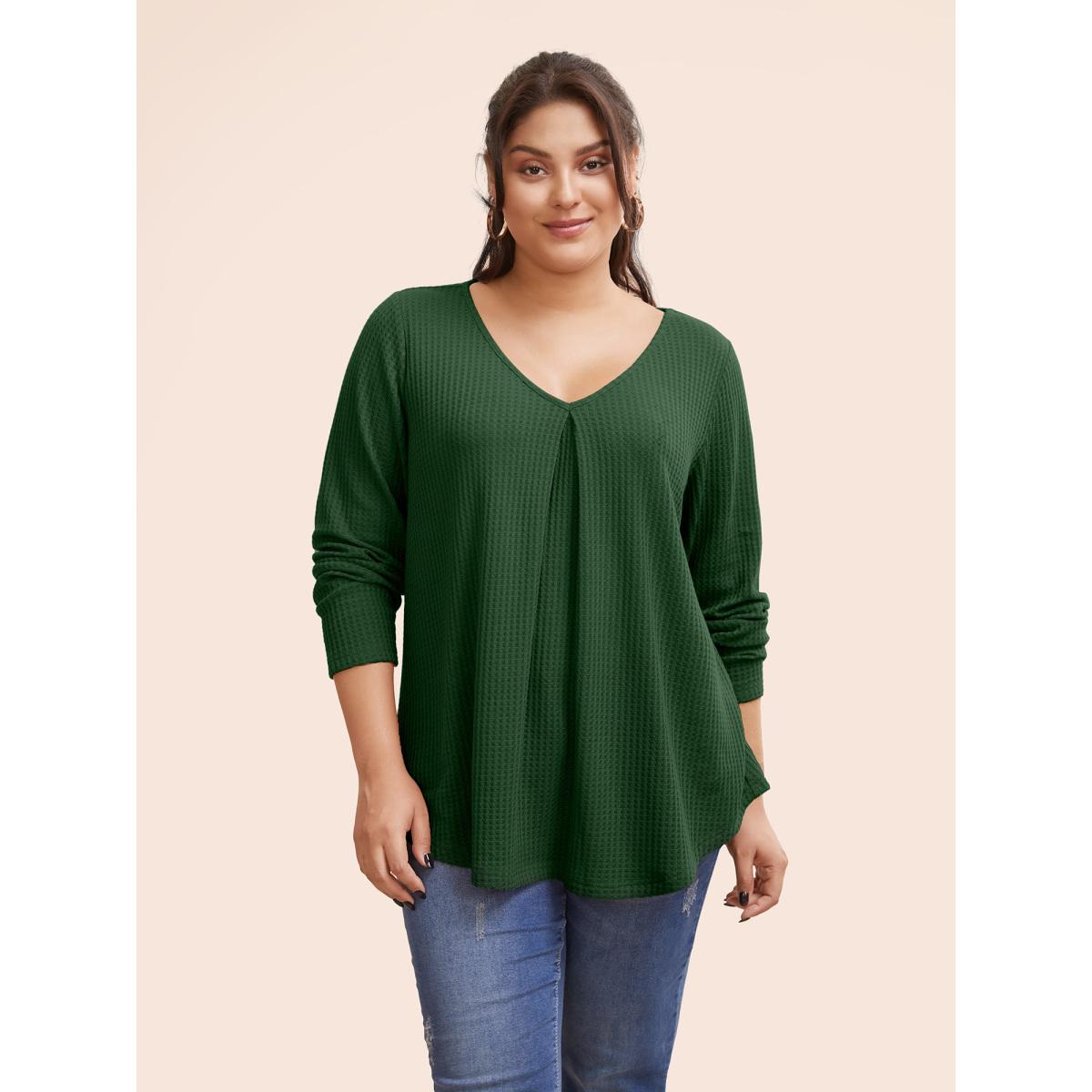 Plus Size Plain Waffle Knit Scoop Neck Plicated Detail T-shirt DarkGreen Women Leisure Non Plain V-neck Casual T-shirts BloomChic 18-20/2X Product Image