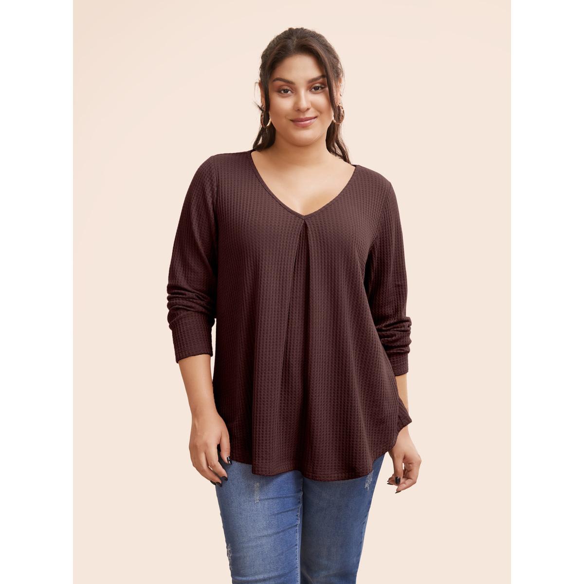 Plus Size Plain Waffle Knit Scoop Neck Plicated Detail T-shirt DarkGreen Women Leisure Non Plain V-neck Casual T-shirts BloomChic 18-20/2X Product Image