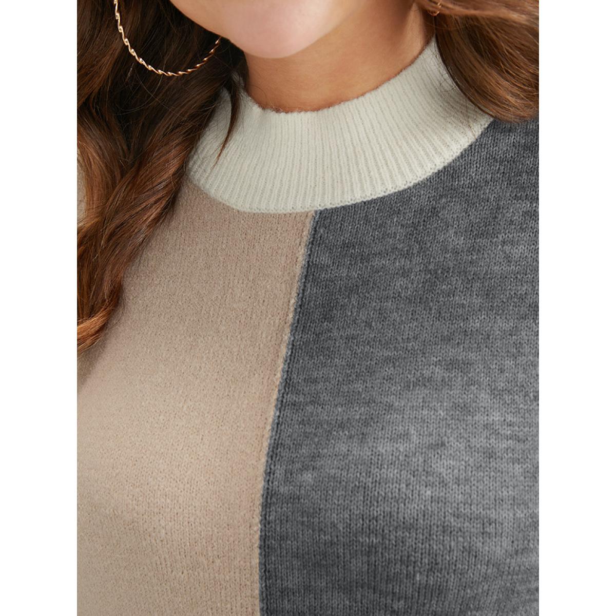 Plus Size Colorblock Contrast Pointelle Knit Heather Mock Neck Knit Top Multicolor Women Casual Long Sleeve Mock Neck Dailywear Pullovers BloomChic 30/6X Product Image