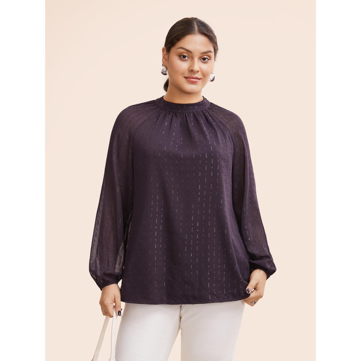 Plus Size Eggplant Luxe Chiffon Stand Up Collar Blouse Women Work From Home Long Sleeve Stand-up collar Work Blouses BloomChic 22-24/3X Product Image