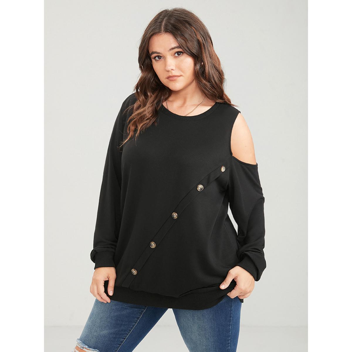 Plus Size Solid Button Detail Cut Out Sweatshirt Women Black Casual Button Round Neck Dailywear Sweatshirts BloomChic 28/5X Product Image