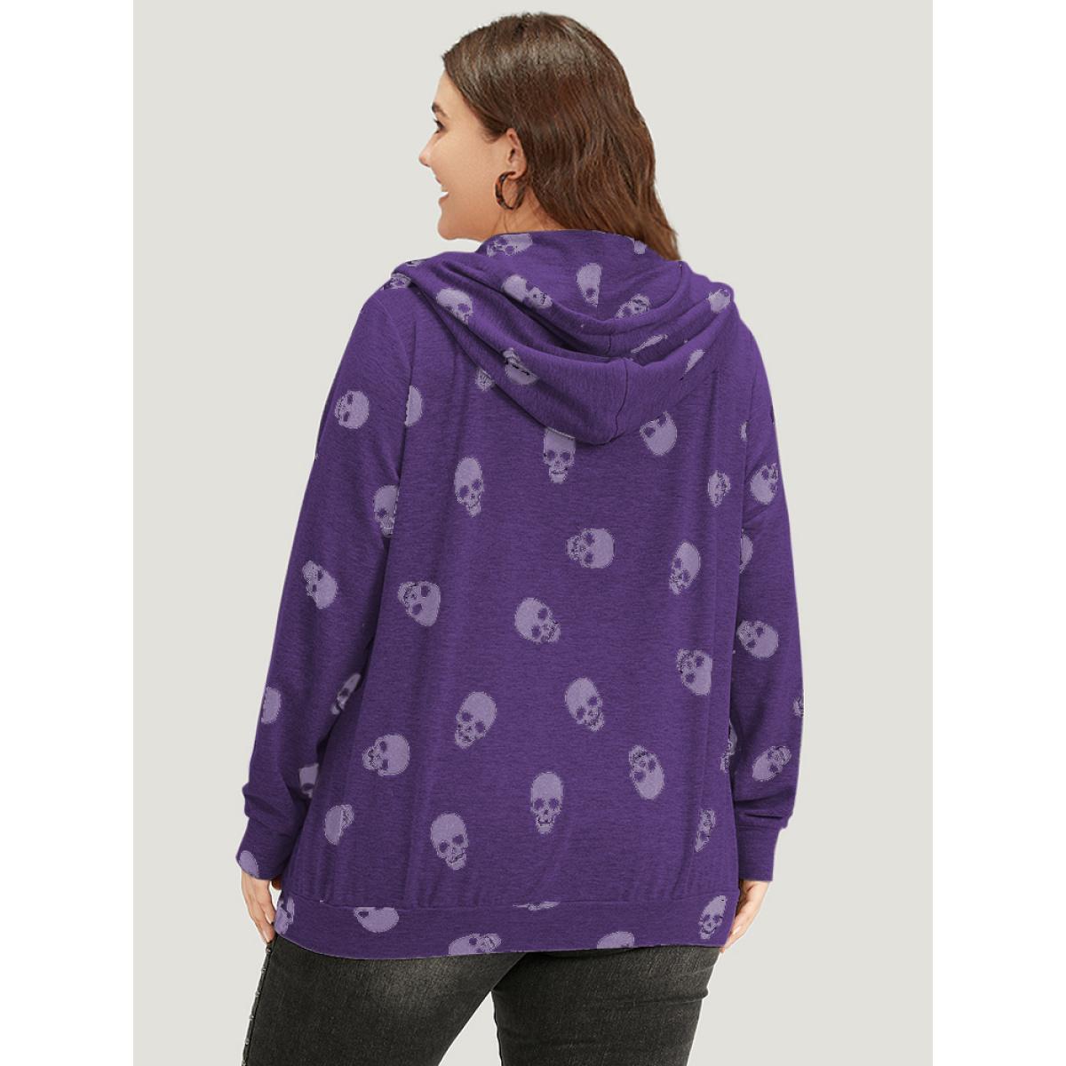Plus Size Halloween Skull Print Pocket Zipper Hooded Sweatshirt Women Purple Casual Elastic cuffs Hooded Festival-Halloween Sweatshirts BloomChic 30/6X Product Image