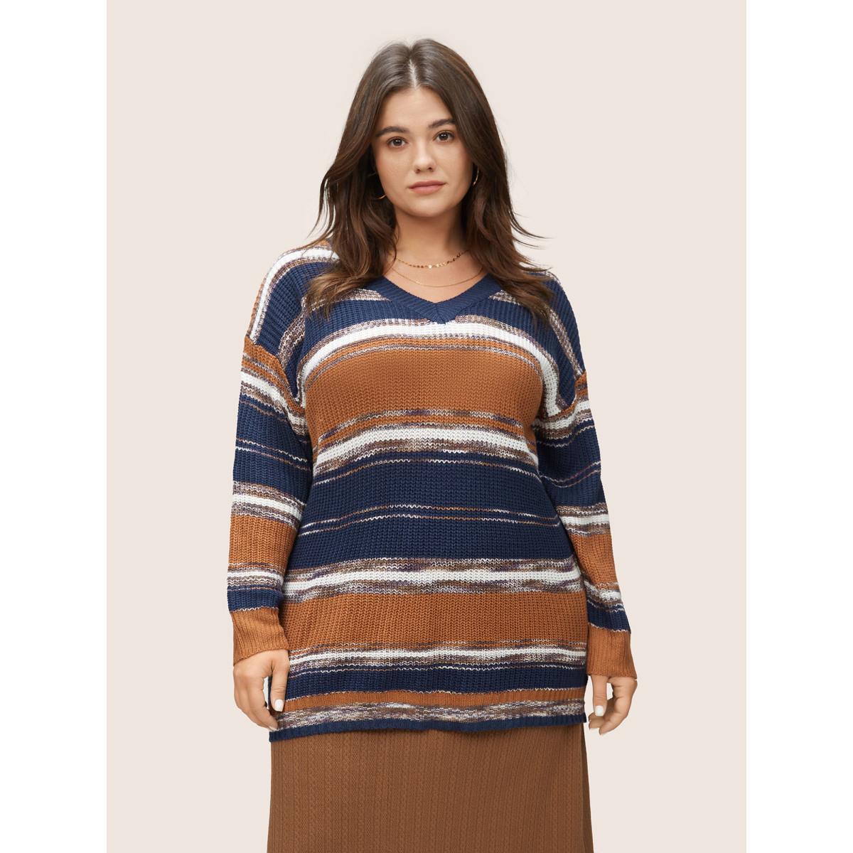 Plus Size Striped Colorblock Contrast Heather Patchwork Pullover Chocolate Women Casual Loose Long Sleeve V-neck Dailywear Pullovers BloomChic 12/L Product Image