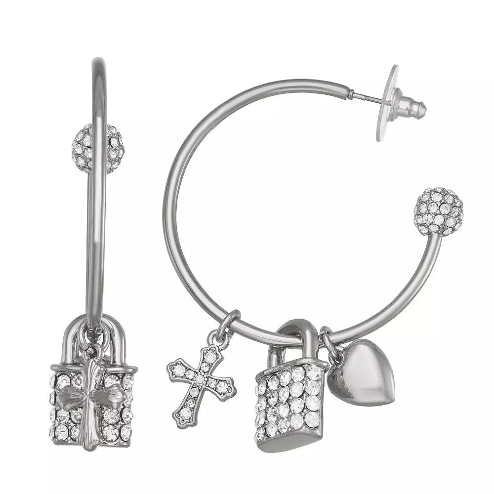 Simply Vera Vera Wang Silver Tone Crystal Heartcross C Hoop Earrings, Women's, Clear Product Image