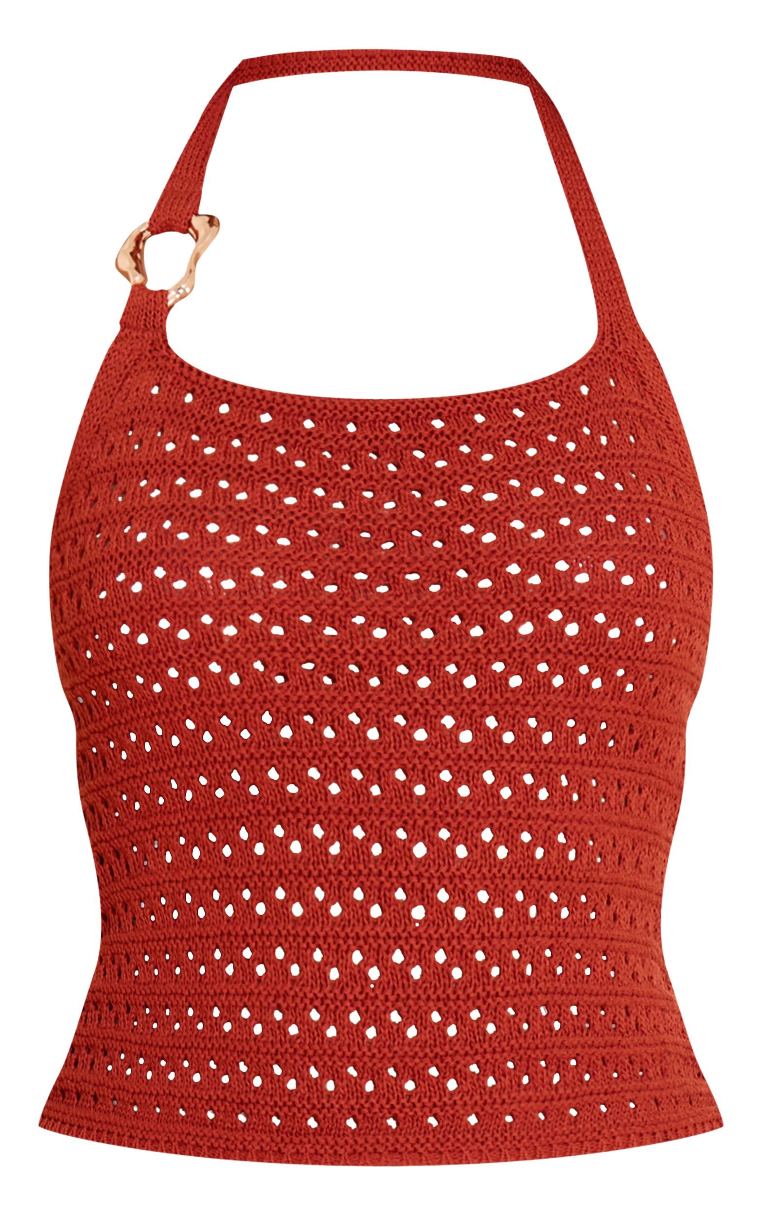 Rust Crochet Trim Detail Halter Top Product Image
