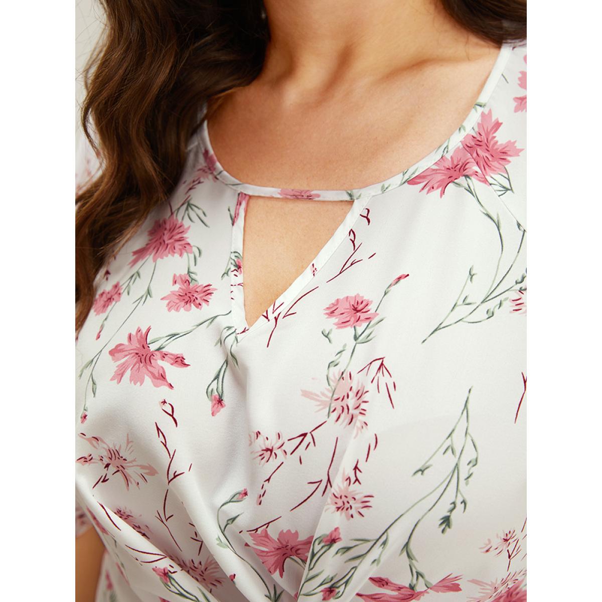 Plus Size Ivory Floral Ruffle Knyhole Raglan Sleeve Knotted Front Blouse Women Elegant Short sleeve Round Neck Dailywear Blouses BloomChic 10/M Product Image