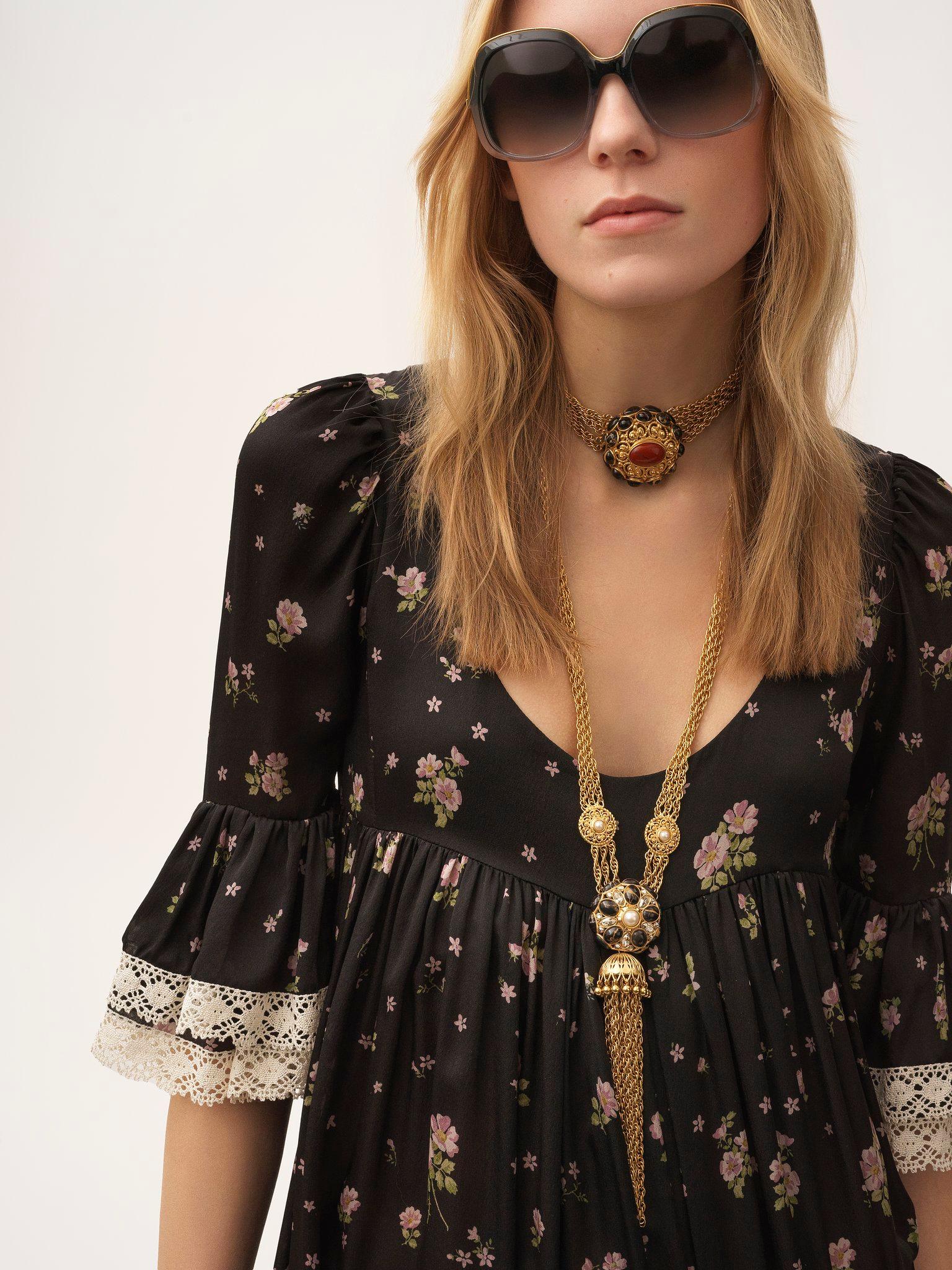 Scoop-neck midi dress in silk charmeuse & lace Product Image