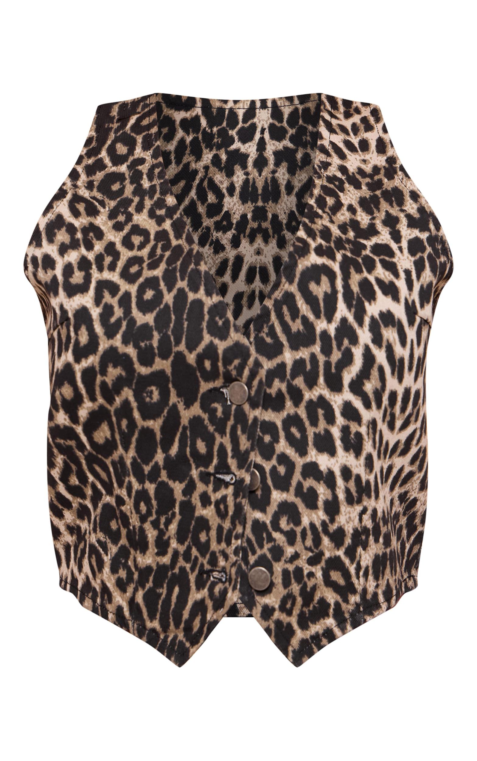 Brown Leopard Print Denim Vest Product Image