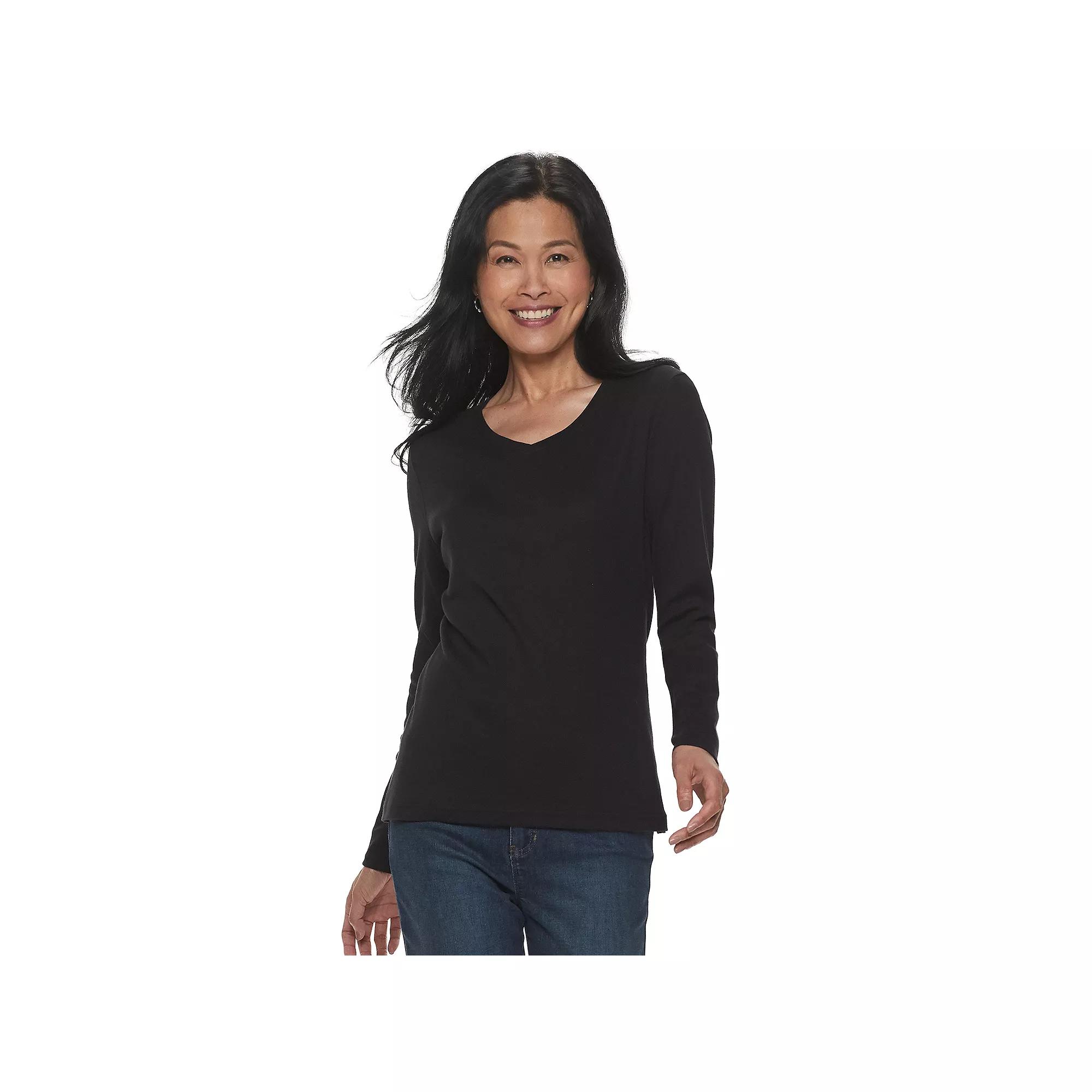 Petite Croft & Barrow® Essential Long-Sleeve V-Neck Top, Women's, Size: Medium Petite, Black Product Image