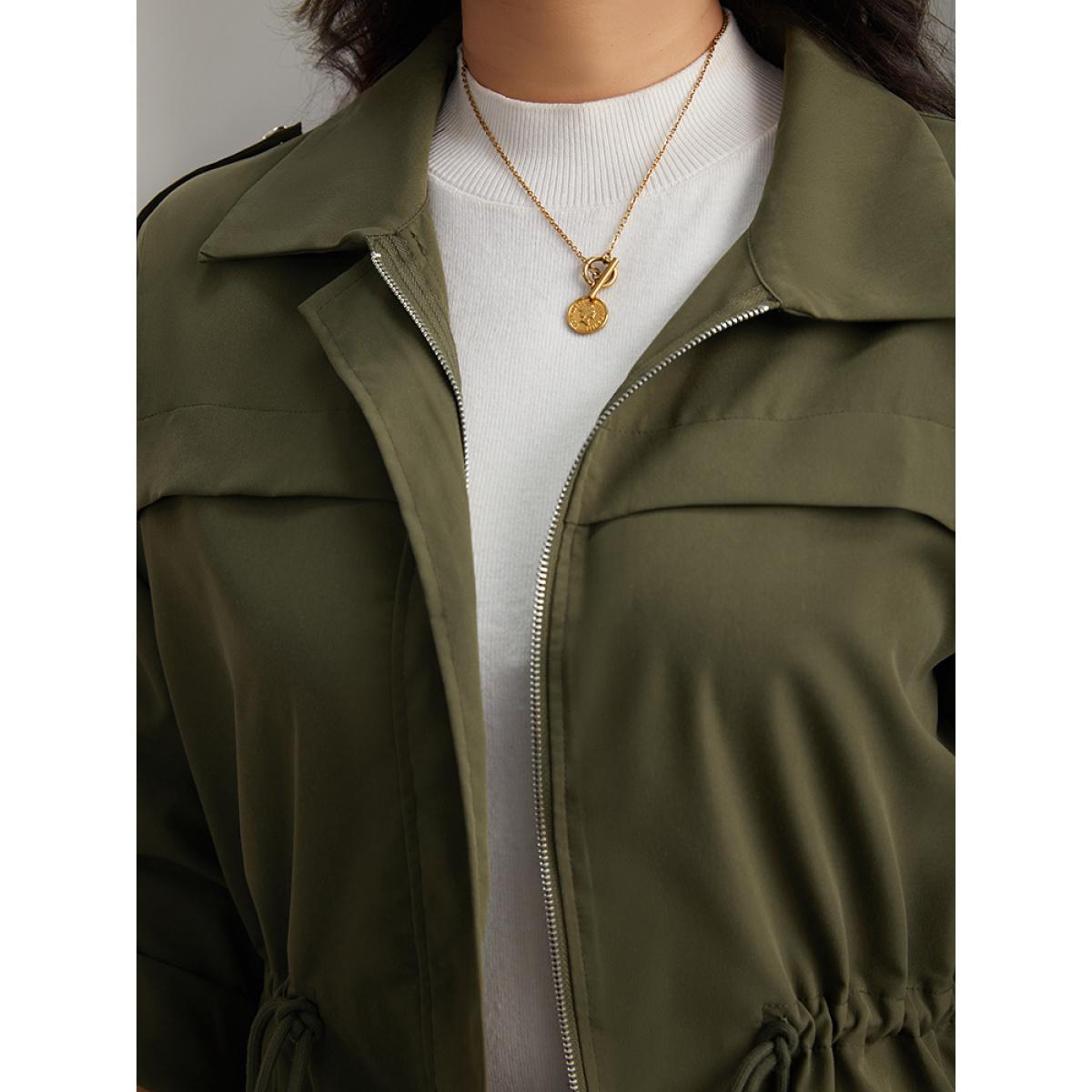 Plus Size Solid Zipper Drawstring Tab Sleeve Trench Coat Women ArmyGreen Casual Plain Ladies Dailywear Winter Coats BloomChic 22-24/3X Product Image
