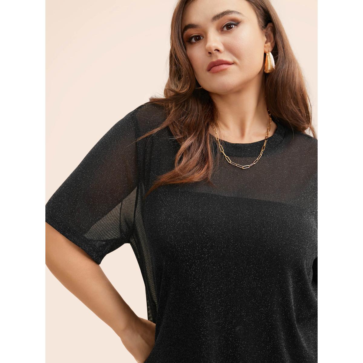 Plus Size Black Sheer Grid Neck Keyhole Blouse Women Short sleeve Round Neck Work Blouses BloomChic 14-16/1X Product Image