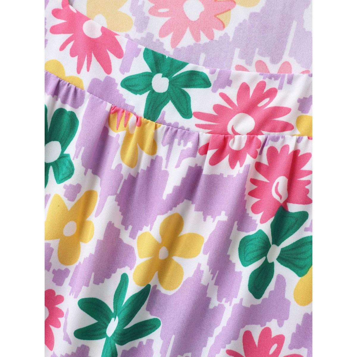 Plus Size Lilac Rainbow Floral Print Pleated Blouse Women Short sleeve Square Neck Casual Blouses BloomChic 28/5X Product Image