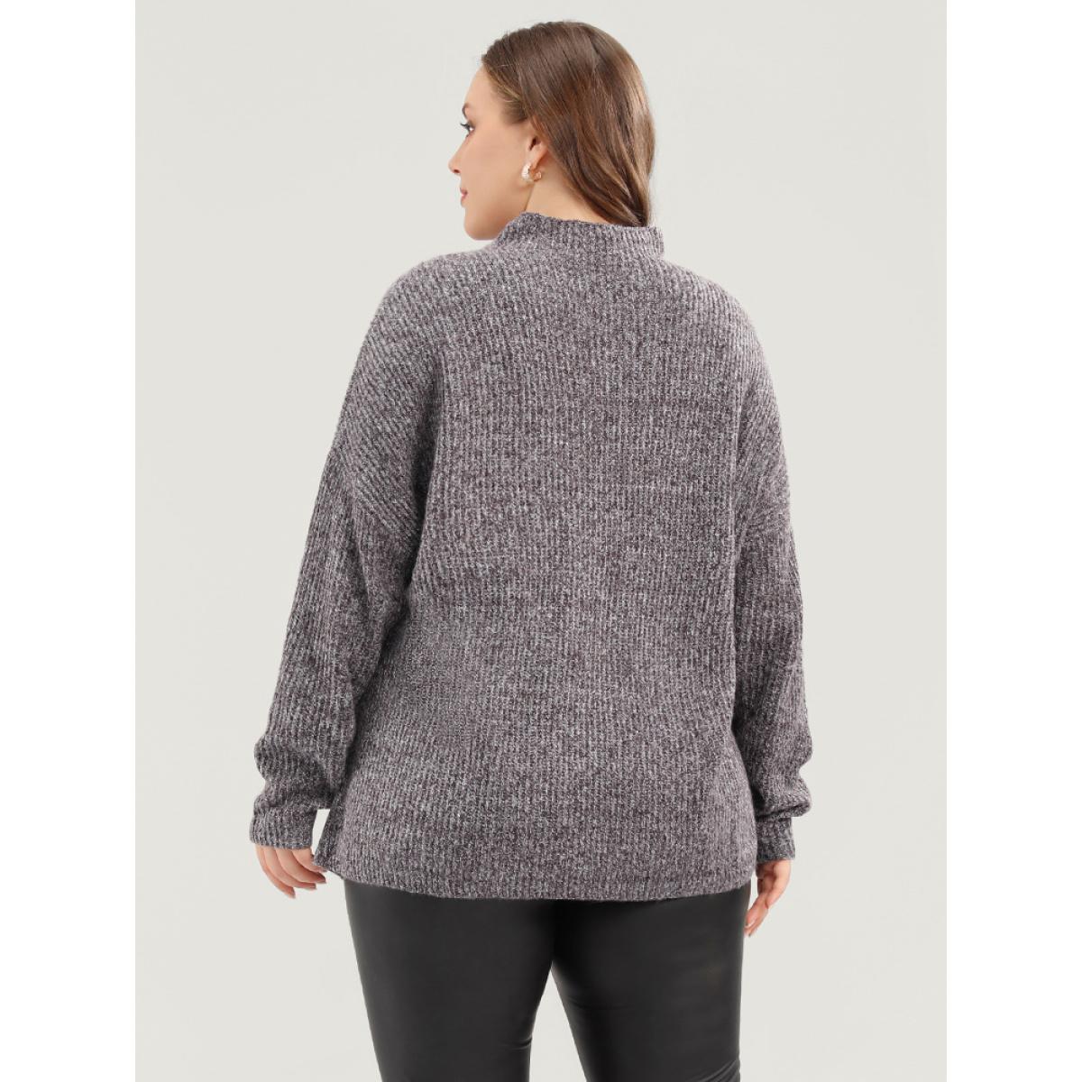 Plus Size Solid Pointelle Knit Mock Neck Belted Heather Knit Top Brown Women Casual Long Sleeve Mock Neck Dailywear Pullovers BloomChic 28/5X Product Image