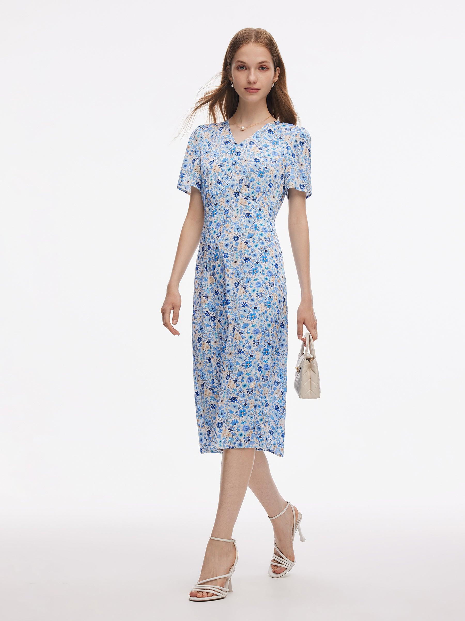 19MM Mulberry Silk Floral Print Women Midi Dress Product Image