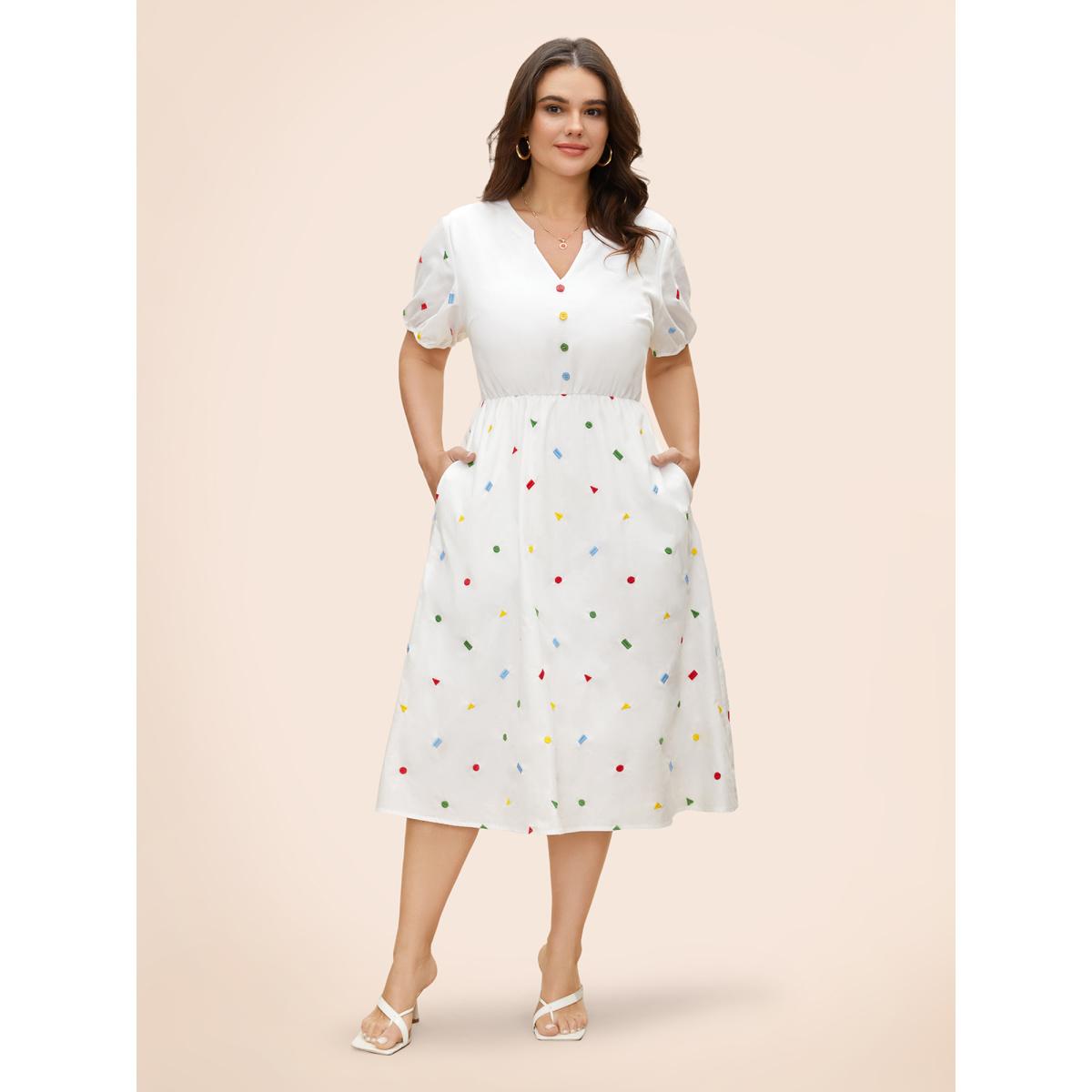 Plus Size Cotton Confetti Print Elastic Waist Midi Dress Originalwhite Women Elegant Gathered Notched collar Short sleeve Curvy BloomChic 12/L Product Image
