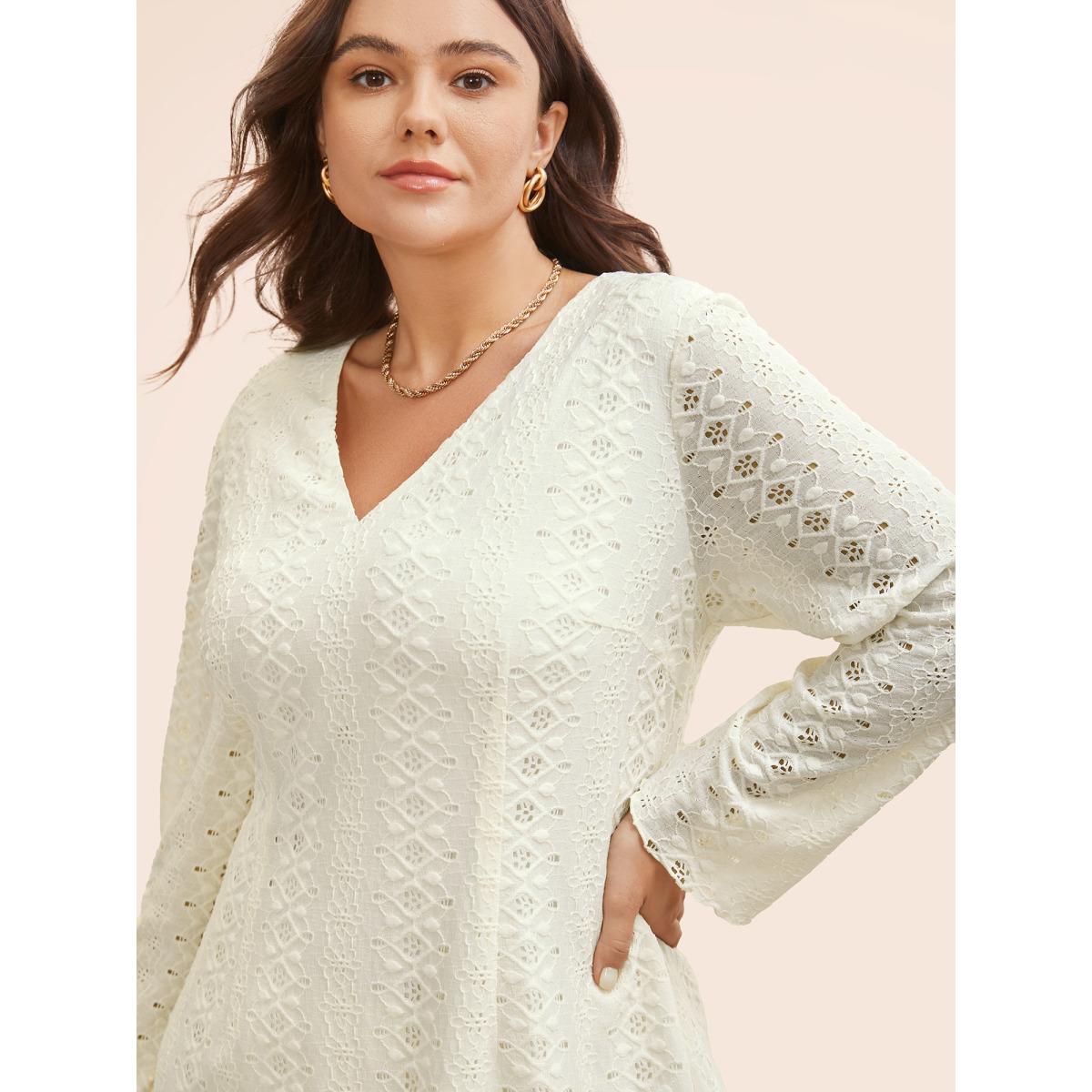 Plus Size Solid V Neck Broderie Anglaise Dress Ivory Women Casual Texture V-neck Extra Long Sleeve Curvy BloomChic 30/6X Product Image