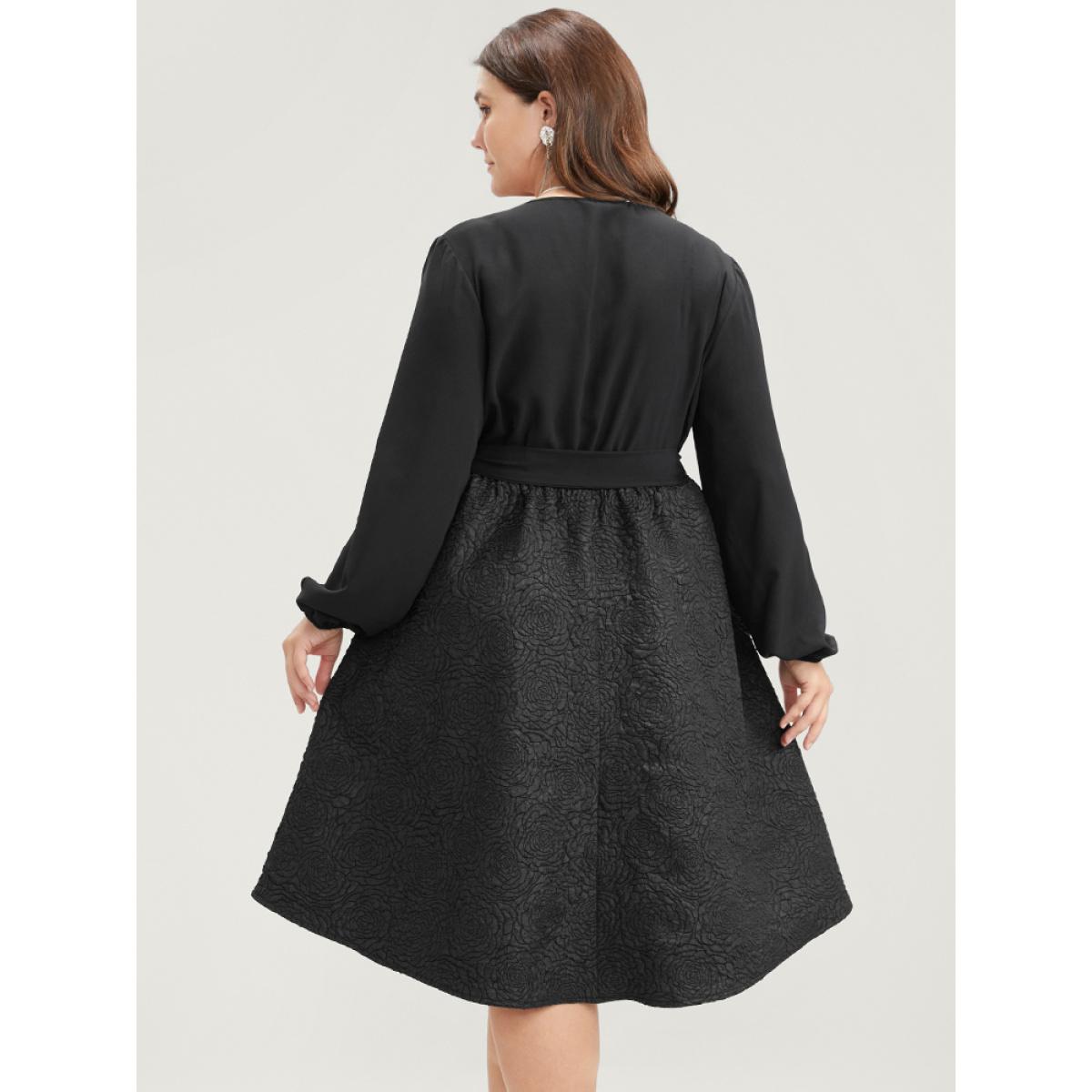 Plus Size Solid Patchwork Wrap Pocket Belted Rose Textured Dress Black Women Office Patchwork V-neck Long Sleeve Curvy Knee Dress BloomChic 30/6X Product Image