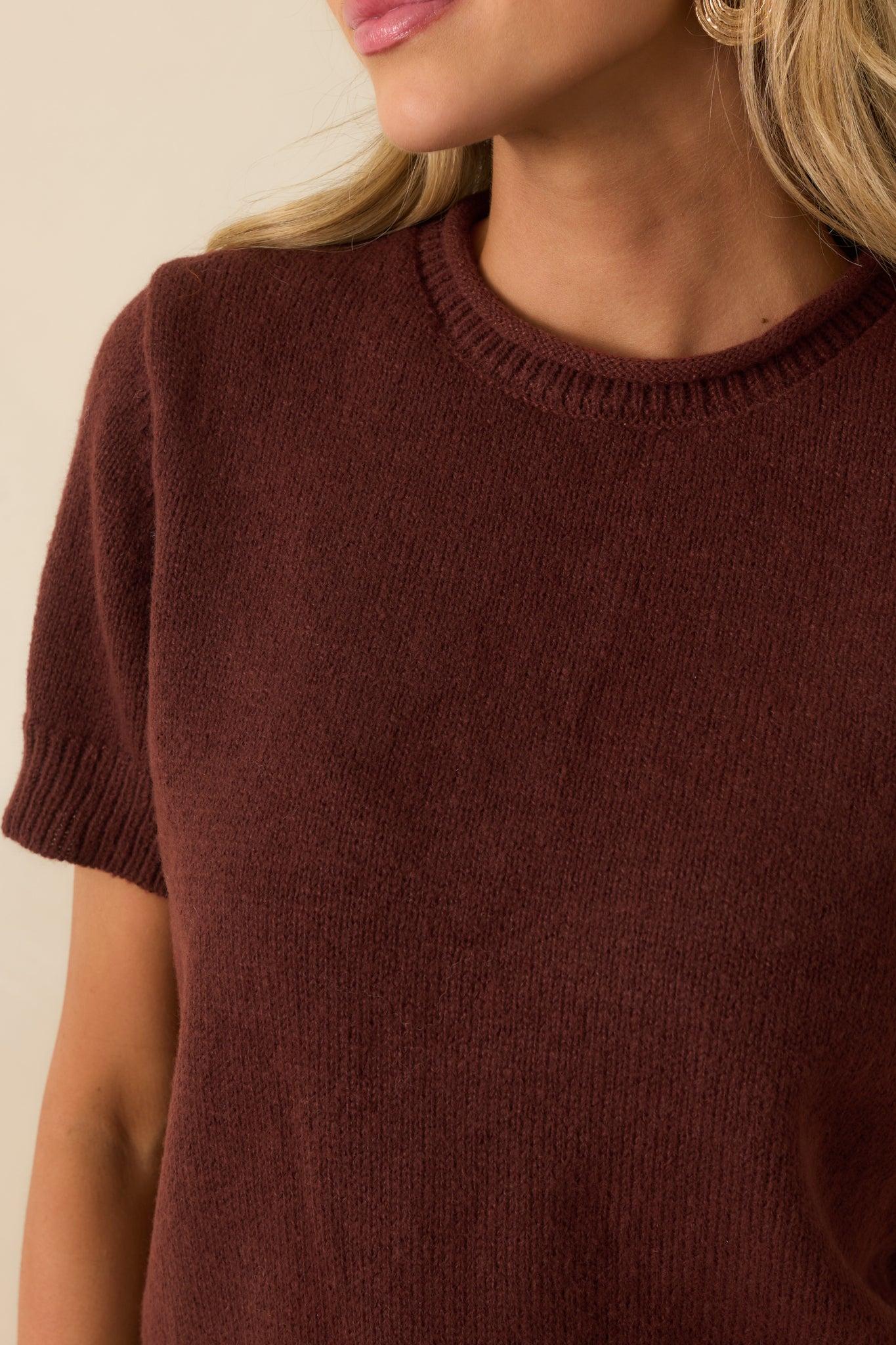 It's All About This Brown Knit Short Sleeve Sweater Product Image