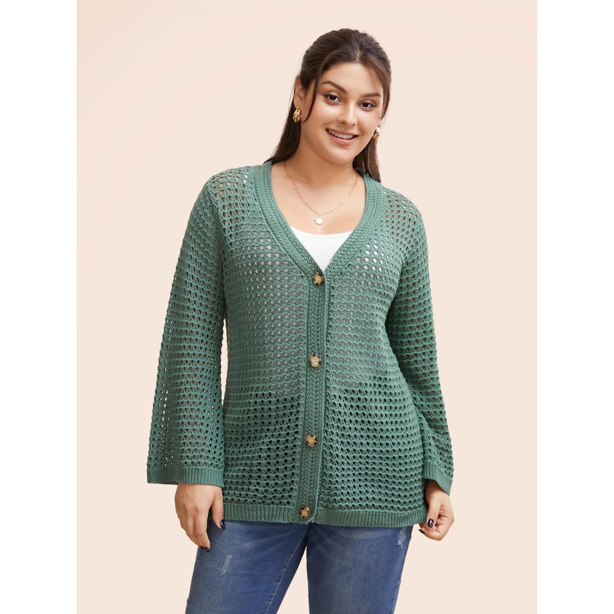 Plus Size Cotton Texture Cut Out Bell Sleeve Cardigan Greenbean Women Casual Loose Long Sleeve Everyday Cardigans BloomChic 10/M Product Image