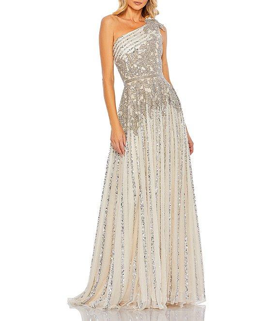 Mac Duggal Beaded Tulle One Shoulder Neck Sleeveless A-Line Gown Product Image