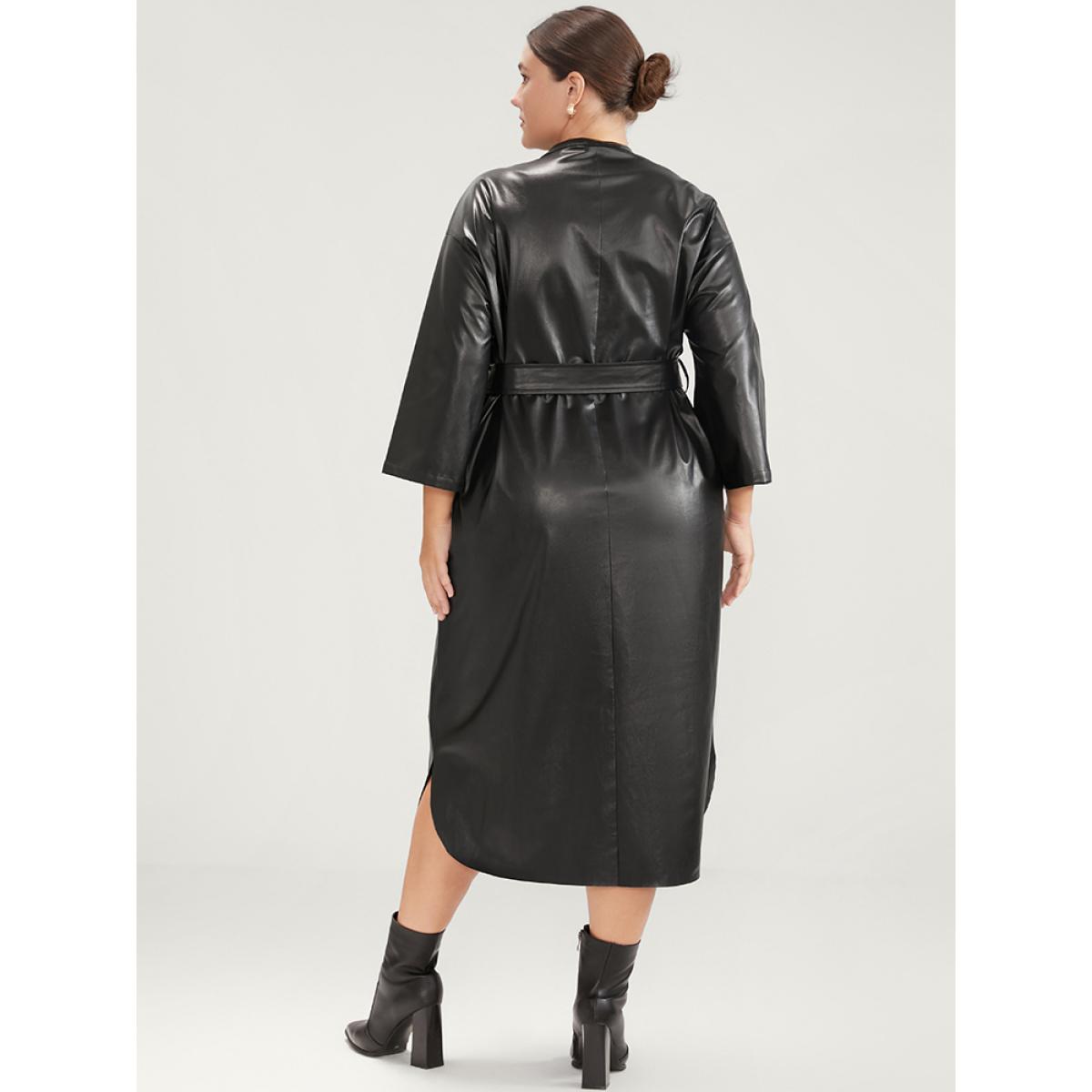 Plus Size PU Leather Pocket Belted Arc Hem Dress Black Women Party Belted V-neck Elbow-length sleeve Curvy Midi Dress BloomChic 14-16/1X Product Image