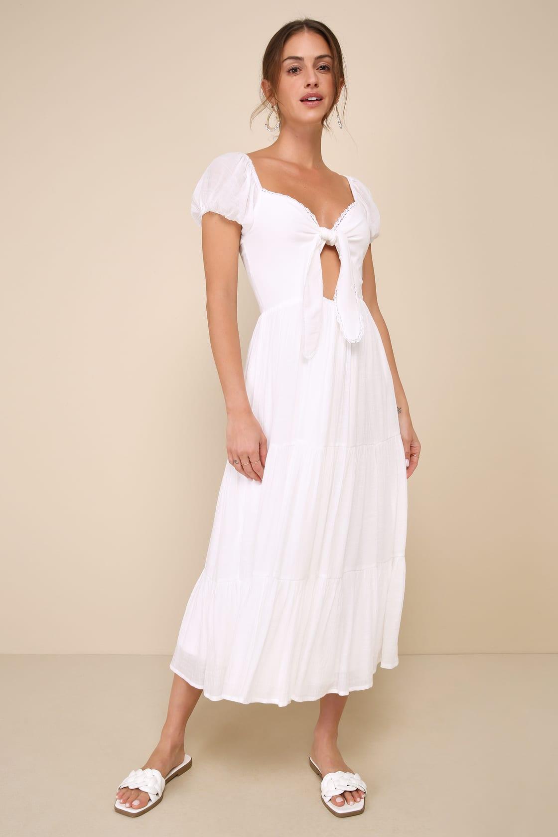Darling Concept White Tiered Tie-Front Puff Sleeve Midi Dress Product Image